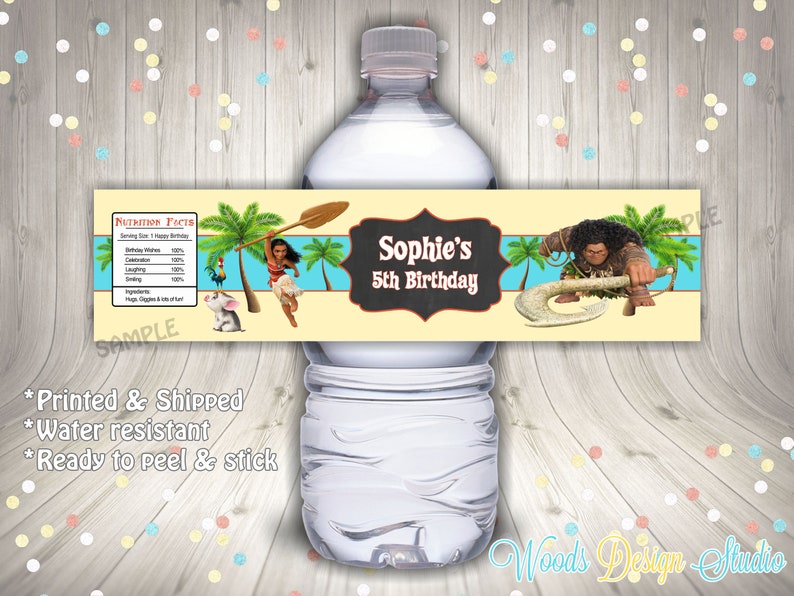 Baby Moana Birthday // Pua Hei Hei // Custom Water Bottle Labels // Bottle Wraps // Water Resistant // Personalized // Printed & Shipped image 4
