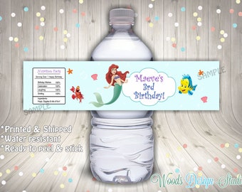 Little Mermaid Birthday // Custom Water Bottle Labels // Bottle Wraps // Water Resistant // Personalized // Printed & Shipped