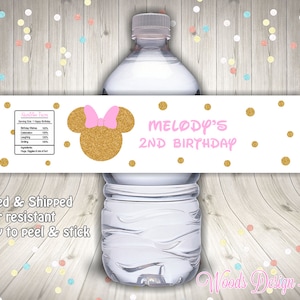 Minnie Mouse Custom Bottle Labels, Pink Gold Favors, Bottle Wraps, Water Resistant, Personalized, Printed & Shipped, Baby Shower, Birthday