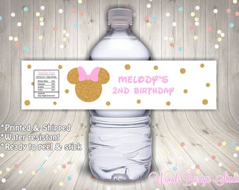Minnie Mouse Custom Bottle Labels, Pink Gold Favors, Bottle Wraps, Water Resistant, Personalized, Printed & Shipped, Baby Shower, Birthday