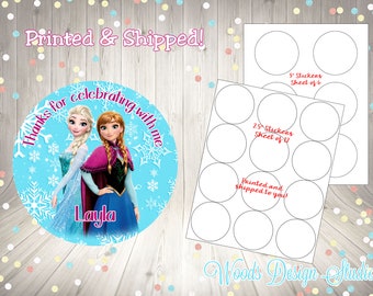 Frozen Anna Elsa Thank You Birthday Stickers, Personalized, Printed & Shipped , Choice of Size, Round Favor Label, Fast Shipping