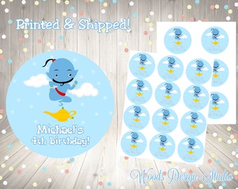 Aladdin Genie // Personalized // Printed & Shipped // Thank You Birthday Stickers // Choice of Size // Round Favor Label // Fast Shipping