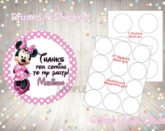Minnie Mouse Birthday Favor Stickers, Personalized Thank You Party Labels, Custom Name Round Party Stickers