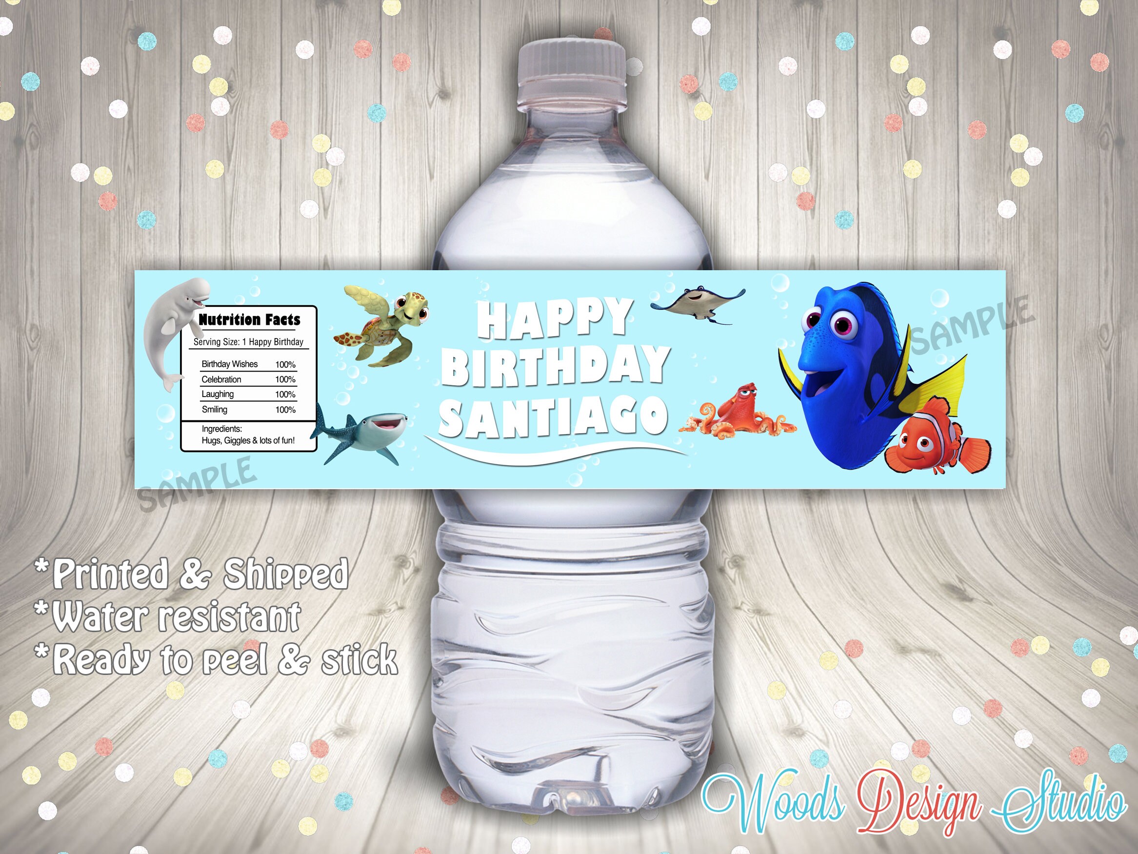 Finding Dory Birthday Party Water Bottle Labels, Custom, Personalized, Wraps, Water Resistant, Printed & Shipped, Fast Shipping