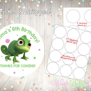 May include: A sheet of 12 round stickers featuring a green chameleon with big eyes. The stickers say "Emma's 6th Birthday!" and "Thanks for coming!" in red text. The stickers are printed on white paper with pink and green polka dots.