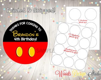 Mickey Mouse Birthday Favor Stickers, Personalized Thank You Party Labels, Custom Name Round Stickers, Printed Party Favors