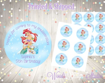 Little Mermaid  // Personalized // Printed & Shipped // Thank You Birthday Stickers // Choice of Size // Round Favor Label