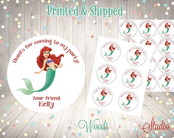 Little Mermaid // Personalized // Printed & Shipped // Thank You Birthday Stickers // Choice of Size // Round Favor Label