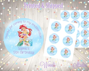 Little Mermaid Birthday Favor Stickers, Personalized Thank You Party Labels, Custom Ariel Round Party Stickers