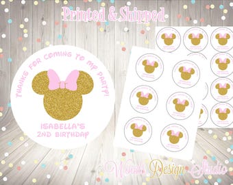 Minnie Mouse Birthday Stickers, Personalized Round Sticker Labels for Party Favors & Gift Bags