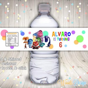 May include: Water bottle label with a colorful design featuring characters from the movie Inside Out. The label says "ALVARO IS TURNING 6".