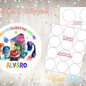 May include: A set of 35 round stickers featuring characters from the movie Inside Out. The stickers are printed on white paper and have a colorful design. The stickers say "Thanks for celebrating with me!" and "Alvaro".