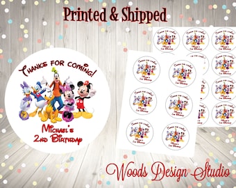 Mickey and the Gang, Personalized, Printed & Shipped, Thank You Birthday Stickers, Choice of Size, Round Party Favor Label Goofy Donald