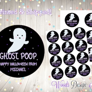 Halloween Ghost Poop, Party School Stickers, Personalized, Printed & Shipped, Choice of Size, Round Favor Label, Fast Shipping