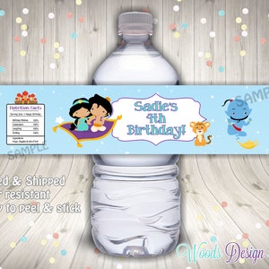 Custom // Printed & Shipped // Aladdin Birthday Party Water Bottle Labels // Jasmine // Wraps // Water Resistant // Personalized