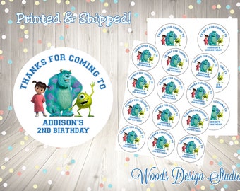 Monsters Inc U Sticker, Personalized, Printed & Shipped, Thank You Birthday Stickers, Choice of Size, Round Favor Label, Fast Ship, Sully