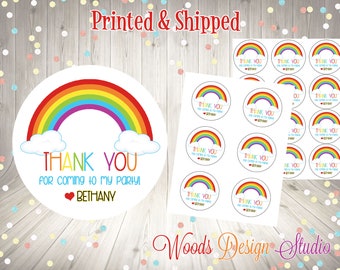 Rainbow Party Stickers // Personalized // Printed & Shipped // Thank You Birthday Stickers // Choice of Size // Round Favor Label