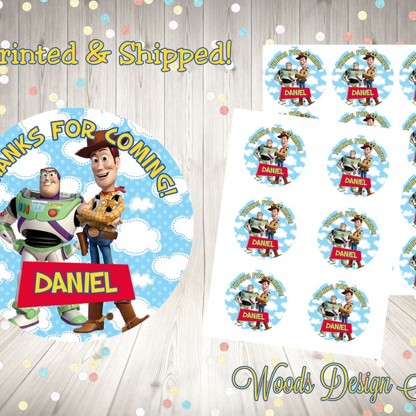 Toy Story Buzz Woody // Personalized // Printed & Shipped // Thank You Birthday Stickers // Choice of Size // Round Favor Label