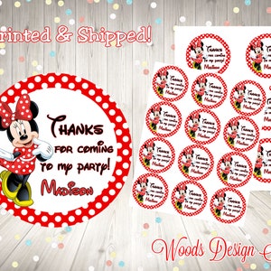 Red Minnie Mouse Birthday Stickers // Personalized // Printed & Shipped // Thank You Stickers // Choice of Size // Round Favor Label