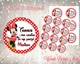 Red Minnie Mouse Birthday Stickers // Personalized // Printed & Shipped // Thank You Stickers // Choice of Size // Round Favor Label