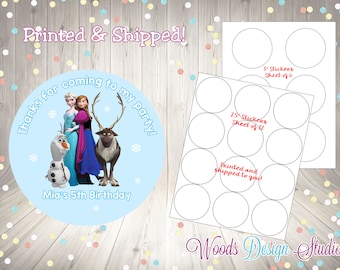 Frozen Anna Elsa Olaf Sven, Thank You Birthday Stickers, Personalized, Printed & Shipped , Choice of Size, Round Favor Label, Fast Shipping