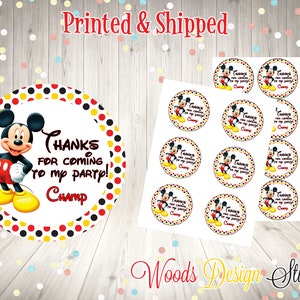 Mickey Mouse Thank You Birthday Stickers, Personalized, Printed & Shipped , Choice of Size, Round Favor Label, Fast Shipping