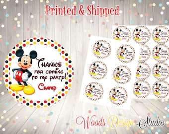 Mickey Mouse Thank You Birthday Stickers, Personalized, Printed & Shipped , Choice of Size, Round Favor Label, Fast Shipping