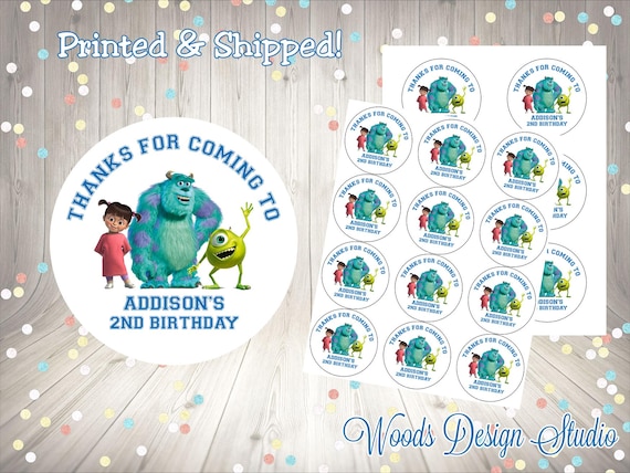 Monsters Inc U Birthday Stickers, Personalized Mike Sully Boo Party Labels, Custom Pixar Round Sticker Labels