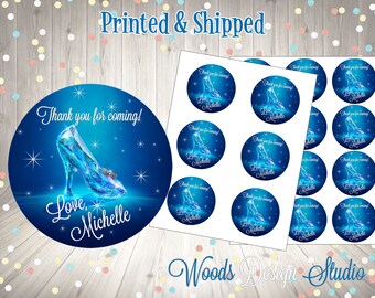 Cinderella Glass Slipper // Personalized // Printed & Shipped // Thank You Birthday Stickers // Choice of Size // Round Favor Label