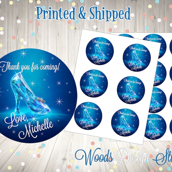 Cinderella Glass Slipper // Personalized // Printed & Shipped // Thank You Birthday Stickers // Choice of Size // Round Favor Label