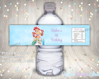Little Mermaid Ariel Birthday // Custom Water Bottle Labels // Bottle Wraps // Water Resistant // Personalized // Printed & Shipped