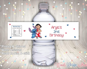 Stitch Lilo Birthday Stickers, Custom Water Bottle Labels, Bottle Wraps, Water Resistant, Personalized, Printed & Shipped, Fast Ship