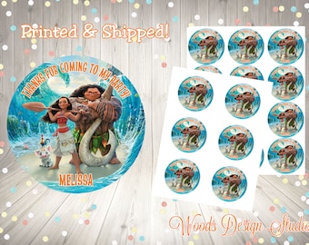 Moana // Personalized // Printed & Shipped // Thank You Birthday Stickers // Choice of Size // Round Favor Label