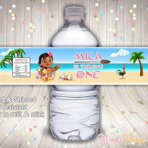 Baby Moana Birthday // Pua Hei Hei // Custom Water Bottle Labels // Bottle Wraps // Water Resistant // Personalized // Printed & Shipped image 1