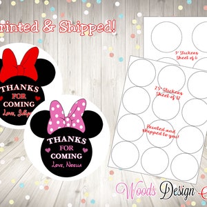 Minnie Mouse Sticker, Personalized, Printed & Shipped, Thank You Birthday Stickers, Choice of Size, Round Favor Party Label, Fast ship
