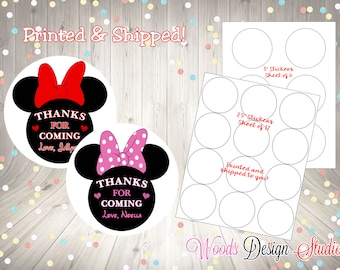 Minnie Mouse Sticker, Personalized, Printed & Shipped, Thank You Birthday Stickers, Choice of Size, Round Favor Party Label, Fast ship