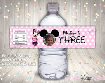 Minnie Mouse // Birthday Picture  // Custom Water Bottle Labels // Bottle Wraps // Water Resistant // Personalized // Printed & Shipped