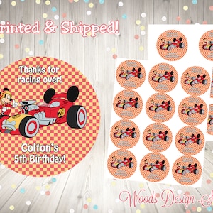 Mickey Roadsters // Personalized // Printed & Shipped // Thank You Birthday Stickers // Choice of Size // Round Favor Label