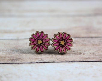 Bright Pink Flower Hand painted Earrings