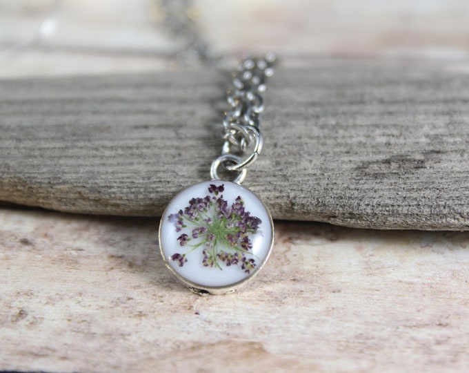 Tiny Silver Purple Queen Anne's Lace Necklace