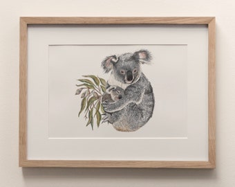 May include: A framed illustration of a mother koala holding her joey. The koala is gray and has a black nose. The joey is smaller and is also gray. The background is white.