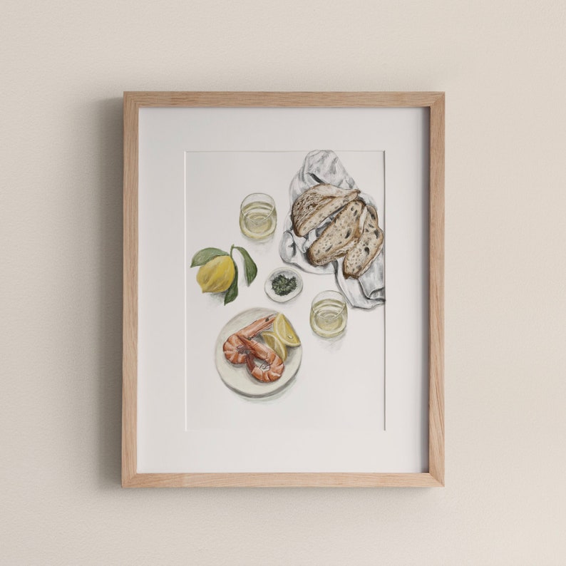 Tapas Plate, Nautical Home, By The Sea, Wall Art, Australian Artist, Hamptons Home, Still Life, Sourdough, Lemons, Prawns image 1