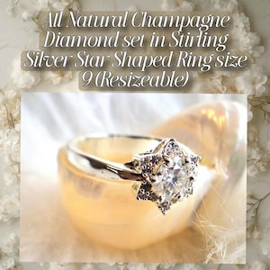 All Natural Earth Mined Champagne Diamond in Star shaped .925 Sterling Silver Setting Ring Size 9