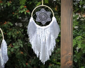 Small Gray and White Bohemian Dreamcatcher, Tiny Boho Dreamcatcher