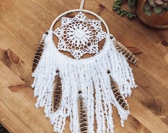 Small White Bohemian Dreamcatcher with Natural Feathers, Tiny Boho Dreamcatcher, Pheasant Feathers