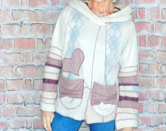 Wool Free hoodie, Boho sweater, Patchwork hoodie, Hoodie with pixie hood, Katwise style, H#022626