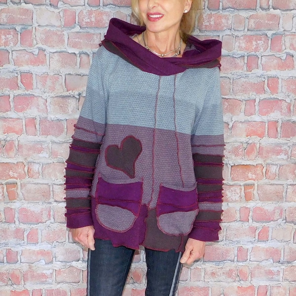 Wool Free hoodie, Boho sweater, Patchwork hoodie, Hoodie with pixie hood, Katwise style, H#050424