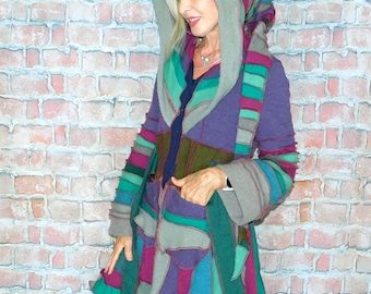 Cashmere and wool Sweater coat, Patchwork coat, Katwise style, Upcycled sweater coat, Elf coat, Boho Hippie Funky, Festival coat  SC#072426