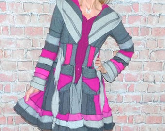 Cashmere and wool Sweater coat, Patchwork coat, Katwise style, Upcycled sweater coat, Elf coat, Boho Hippie Funky, Festival coat  SC#021126
