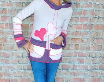 Wool Free hoodie, Boho sweater, Patchwork hoodie, Hoodie with pixie hood, Katwise style, H#040526
